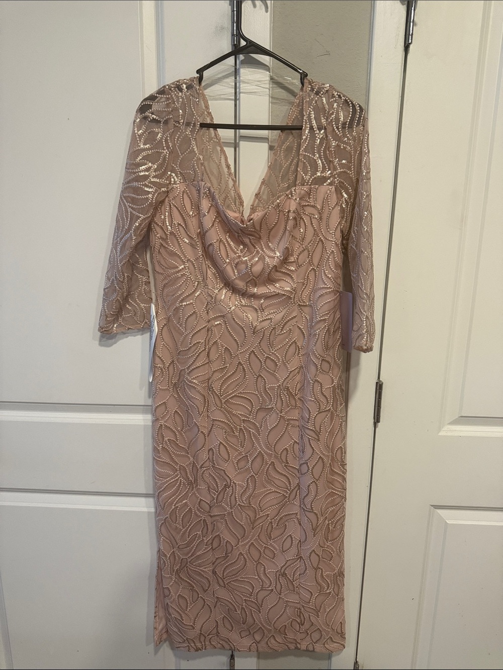 Blush Midi Dress with Draped Neckline and Leaf-Pattern Lace